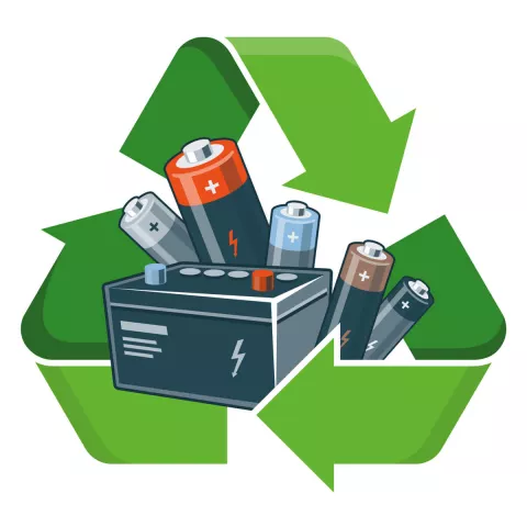 Die Grafik zeigt Batterien, die von grünen Pfeilen umgeben sind und somit das Recycling symbolisieren.